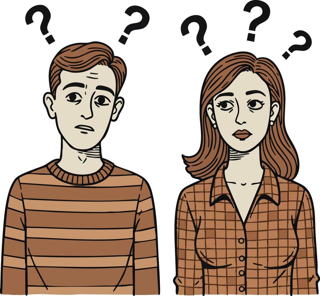Confused man and woman with question marks above heads in casual striped and checkered shirts illustration vector