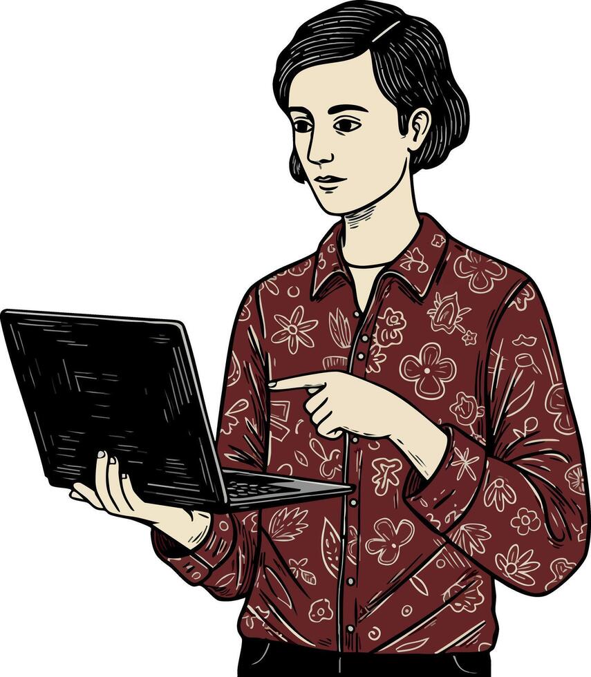 Woman holding laptop pointing finger focused on screen casual clothing illustration vector