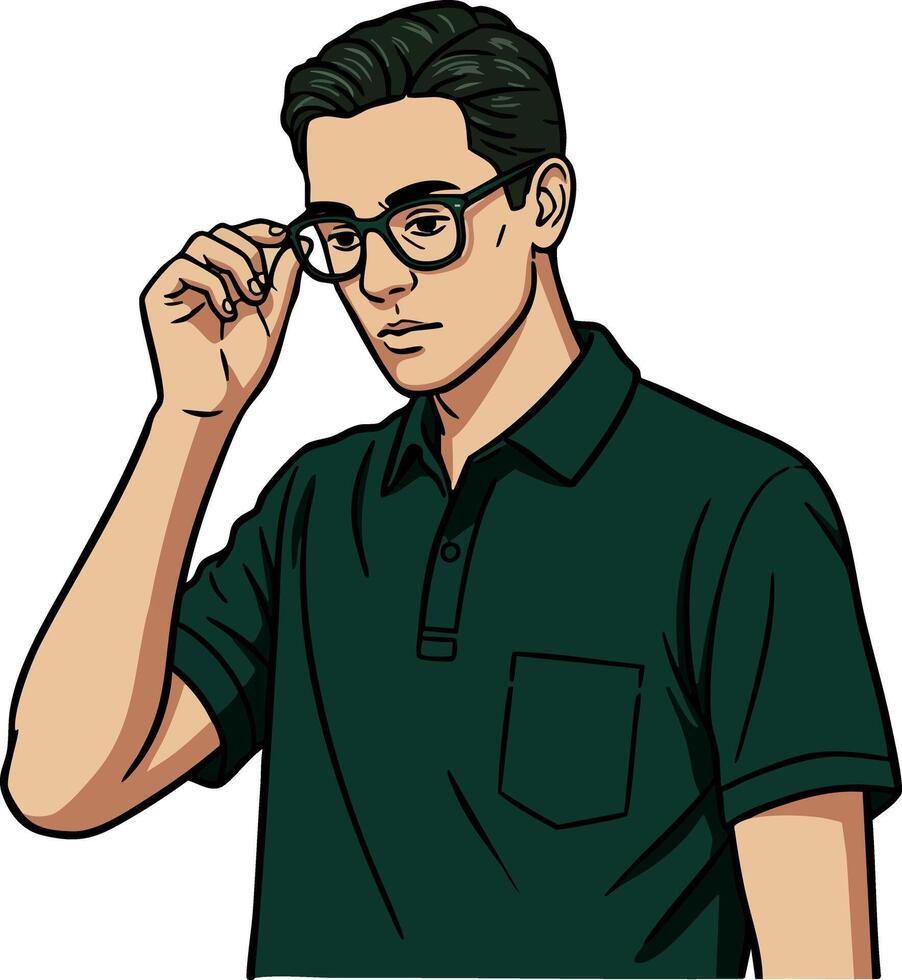 Young man adjusting glasses wearing dark green polo shirt illustration vector