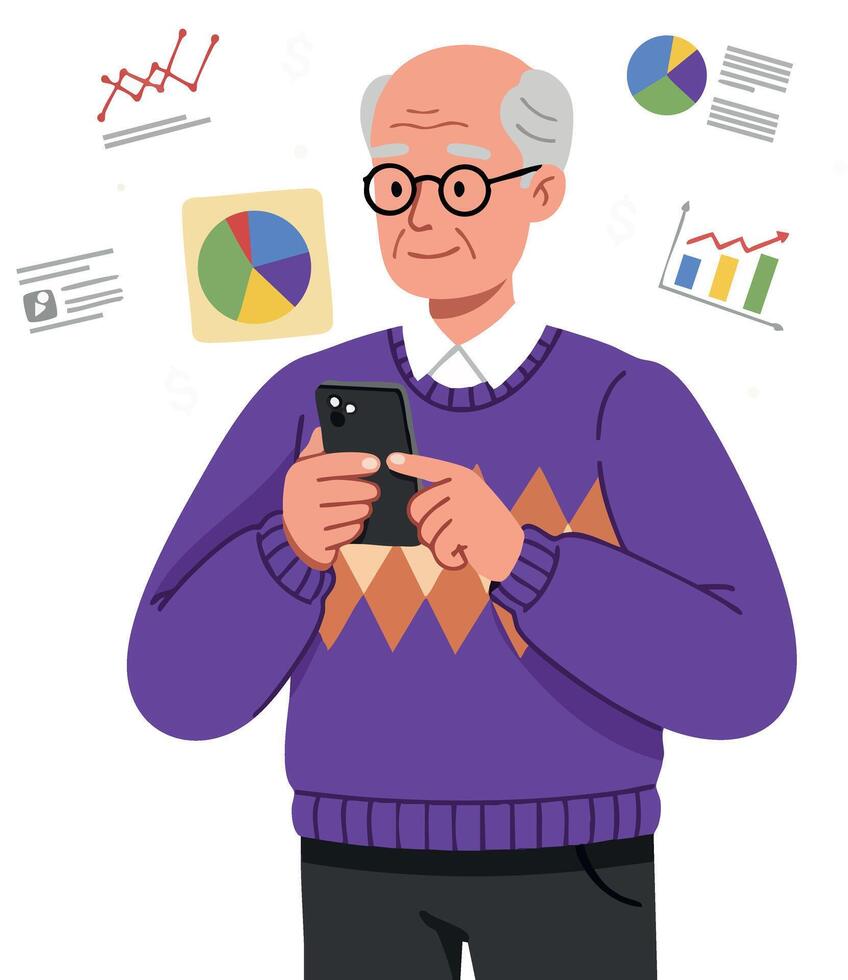 Elderly man using smartphone analyzing colorful charts and graphs illustration vector