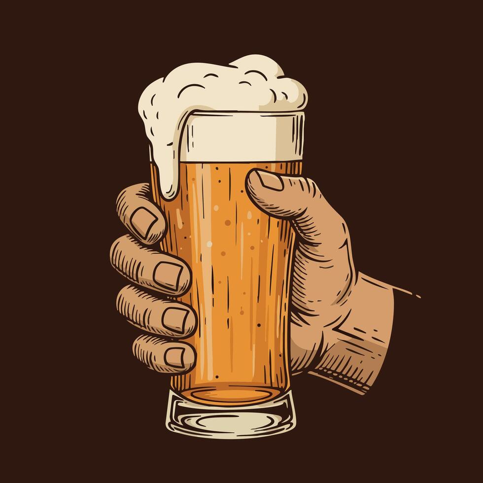Hand Holding Glass of Beer with Foam Illustration in Brown Background vector