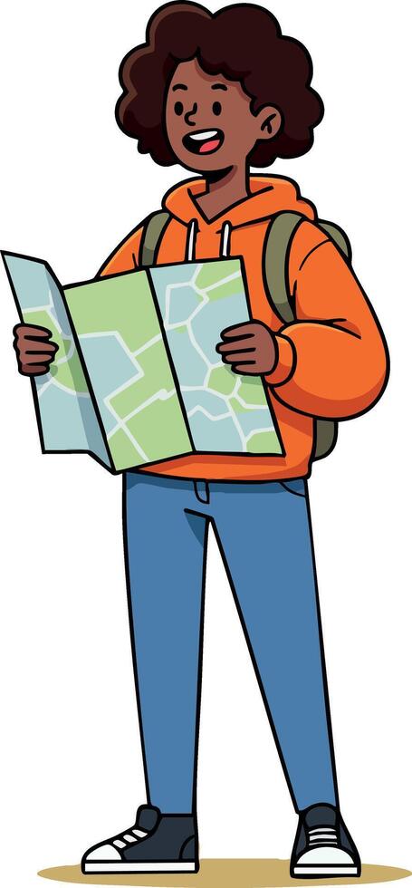 Young traveler holding map exploring with backpack in casual outfit illustration vector