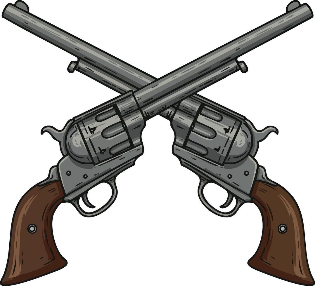 Crossed vintage revolver pistols with wooden handles illustration vector