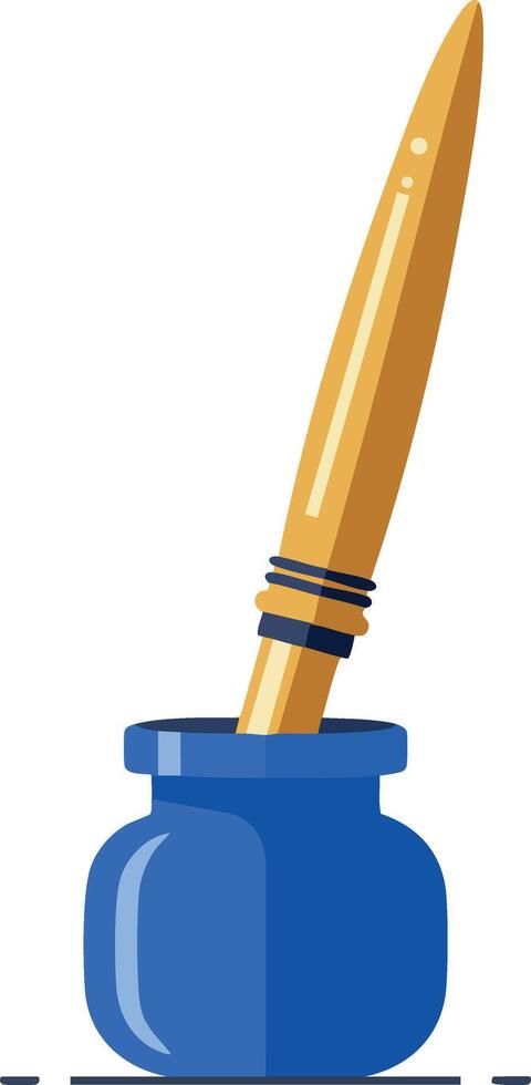 Ink pot with wooden pen illustration in blue and beige colors writing tool design vector