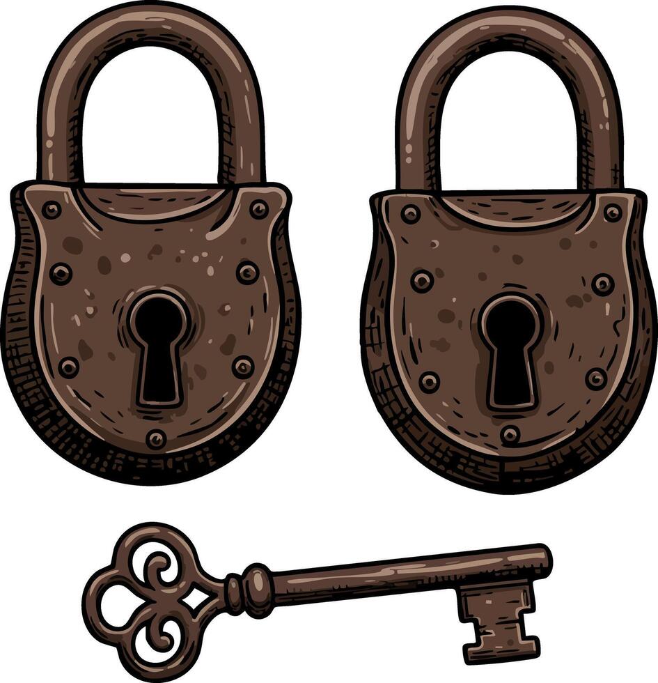 Vintage rusty iron padlocks and antique key illustration for security and protection design vector