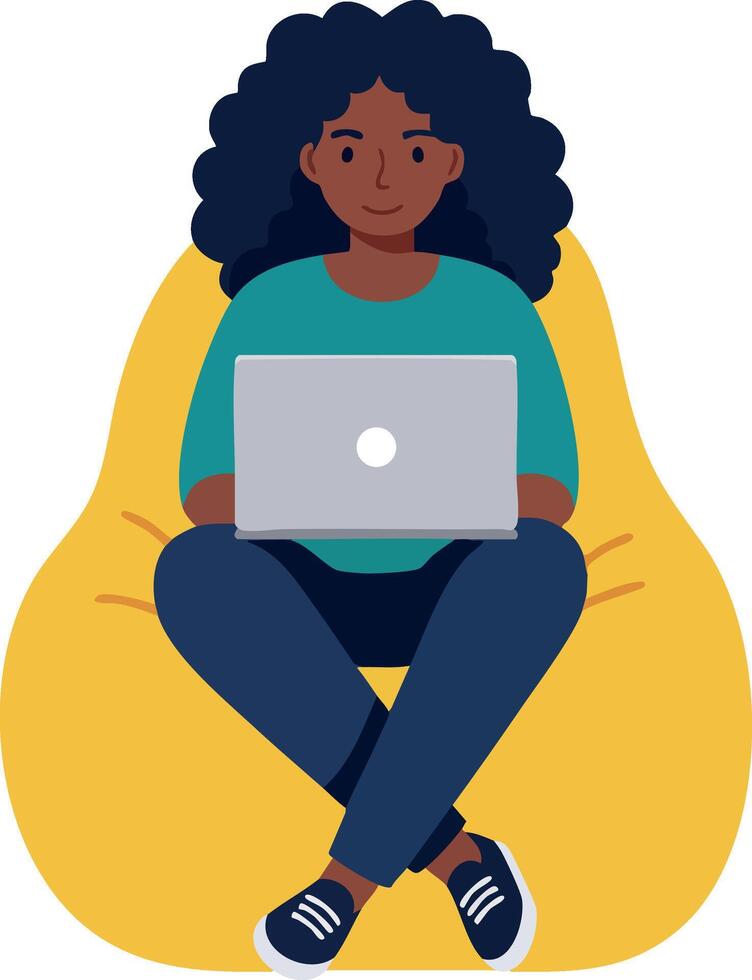 Woman Sitting on Yellow Bean Bag Using Laptop Computer Casual Relaxed Illustration vector