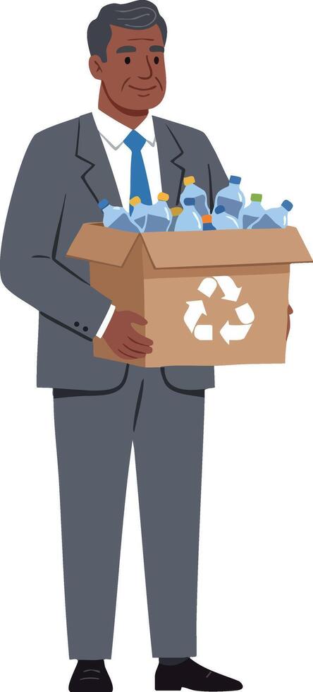 Businessman carrying cardboard box with plastic bottles for recycling illustration vector