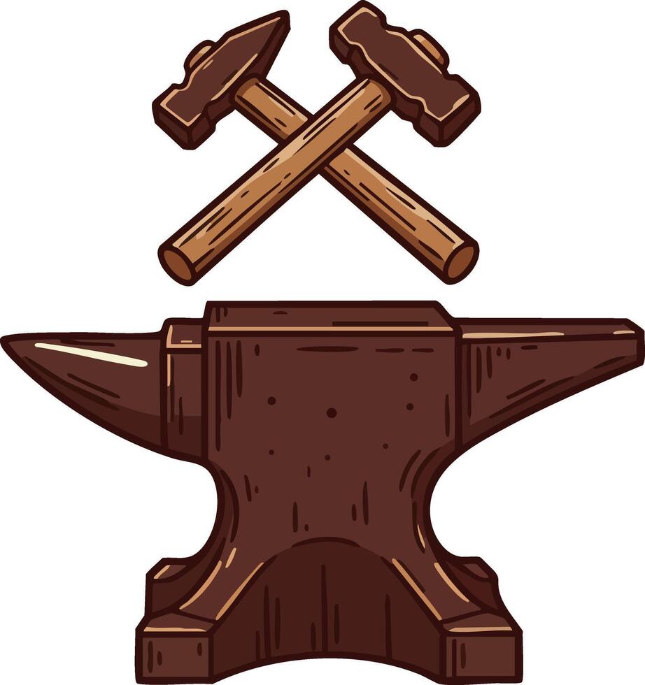 Blacksmith anvil with crossed hammers illustration tool design for metalwork craftsman vector