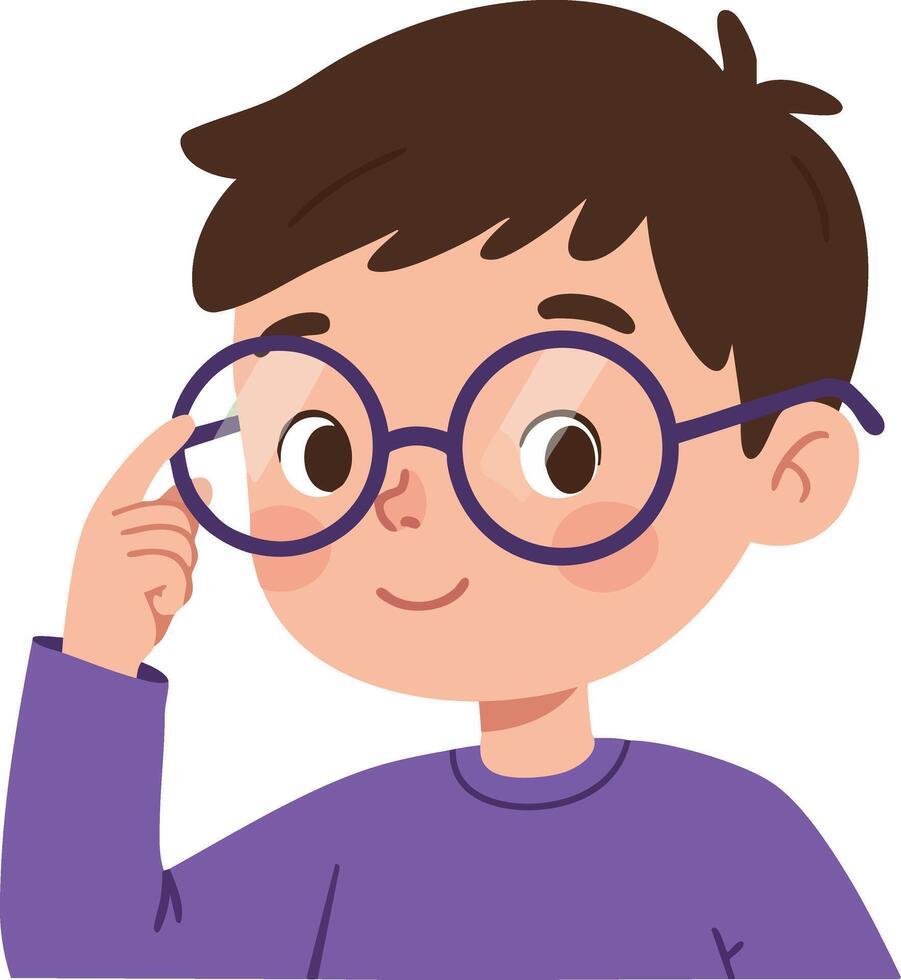 Boy with glasses smiling and touching spectacles illustration in purple shirt vector
