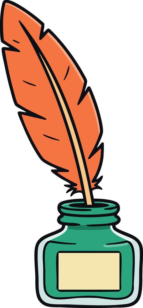Vintage feather quill pen in green ink bottle classic writing tool illustration vector