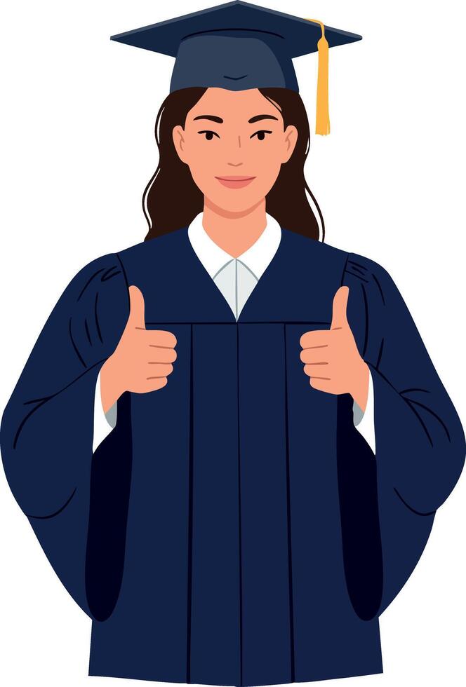 Female graduate student wearing navy blue gown and mortarboard showing thumbs up gesture illustration vector