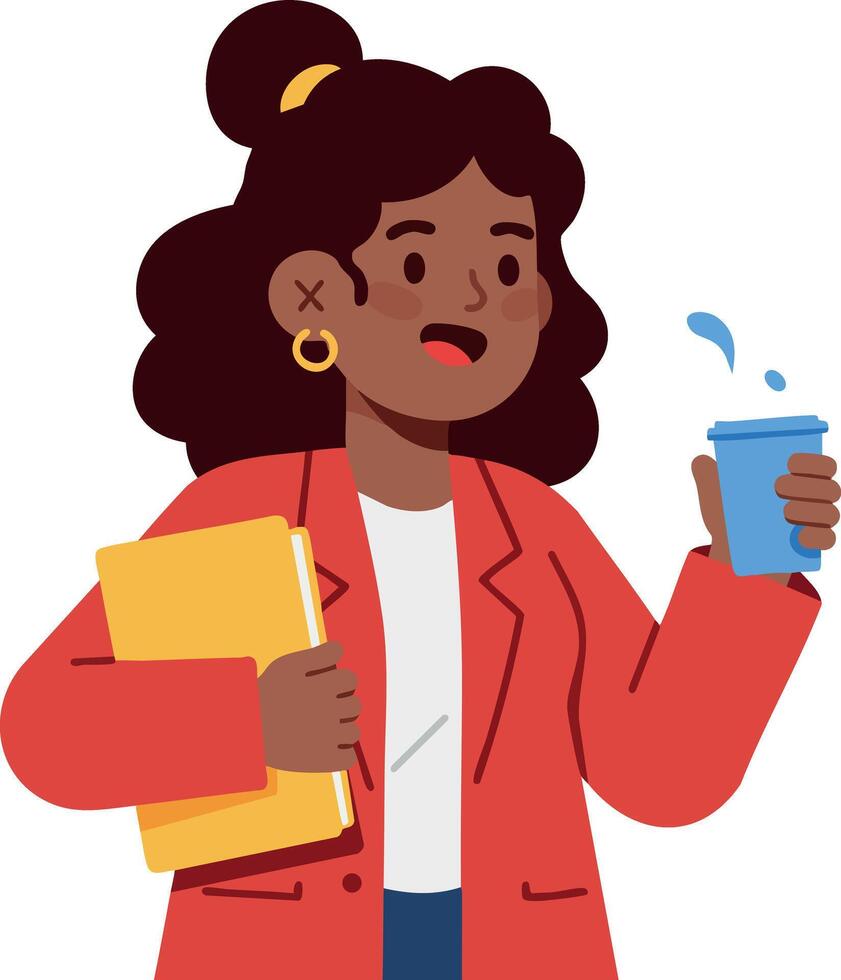 Woman holding glass of water and folder in red jacket illustration vector