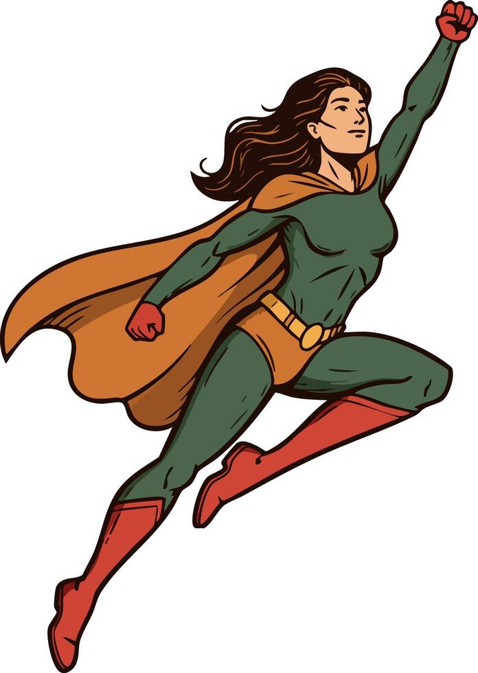 Female superhero flying with cape and dynamic pose in comic style illustration vector