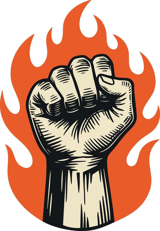 Raised fist symbol with orange flames behind for power and resistance illustration vector