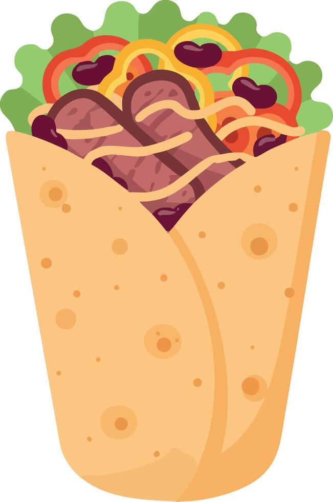 Burrito filled with grilled meat vegetables and fresh greens illustration vector