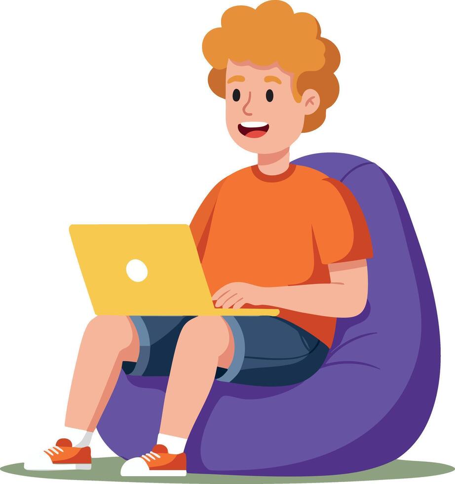 Boy using laptop sitting on purple bean bag chair casual lifestyle technology use vector