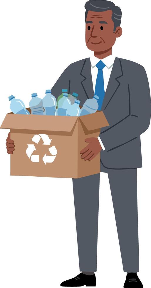 Businessman Holding Box of Recyclable Plastic Bottles for Environmental Awareness Illustration vector