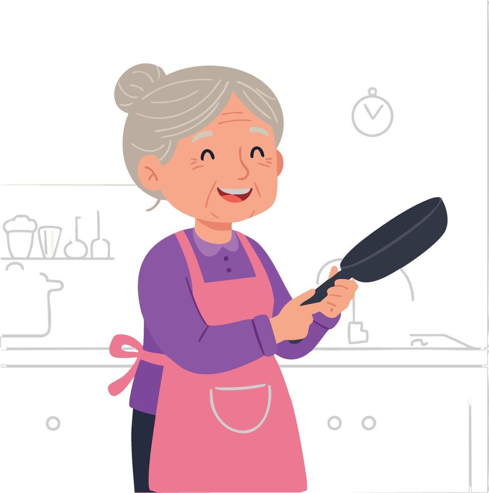 Elderly woman cooking in kitchen holding frying pan with pink apron and purple shirt vector
