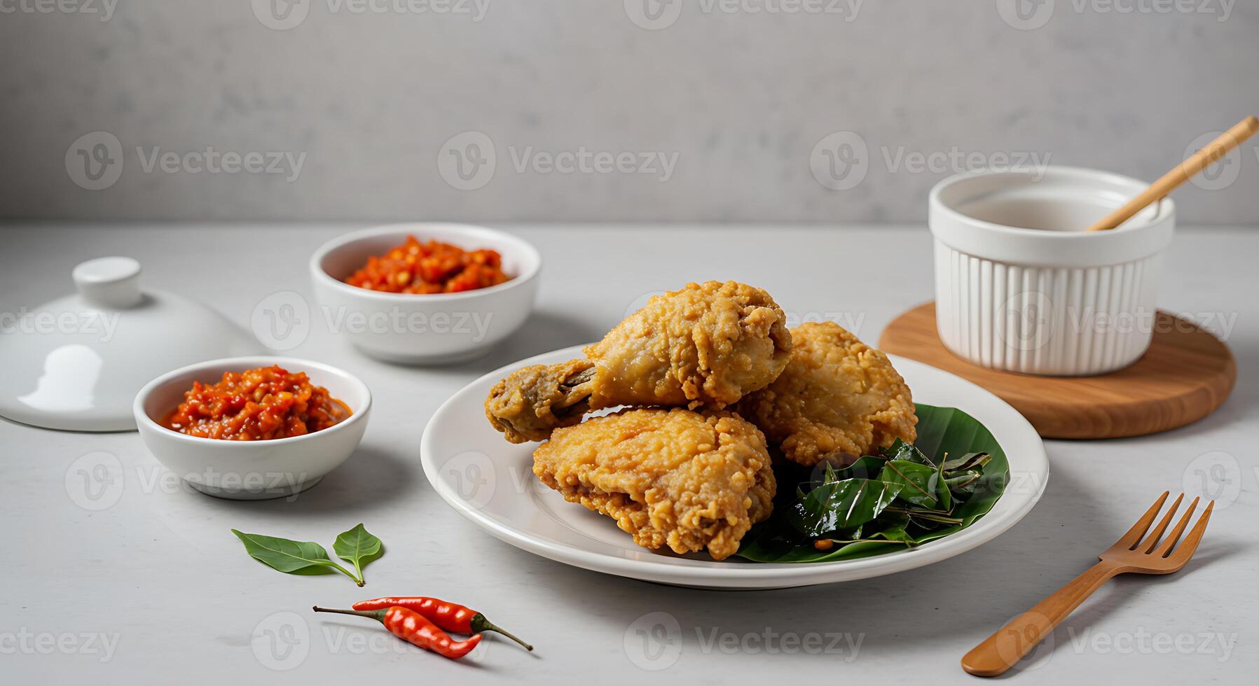 Golden Fried Chicken on Plate with Chili Sauce and Wooden Utensils photo
