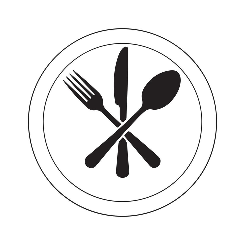 Black fork knife spoon crossed on white plate icon vector