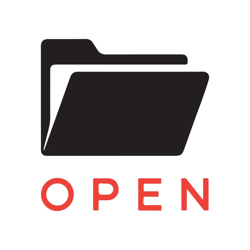 Black open folder icon with red text O P E N document vector