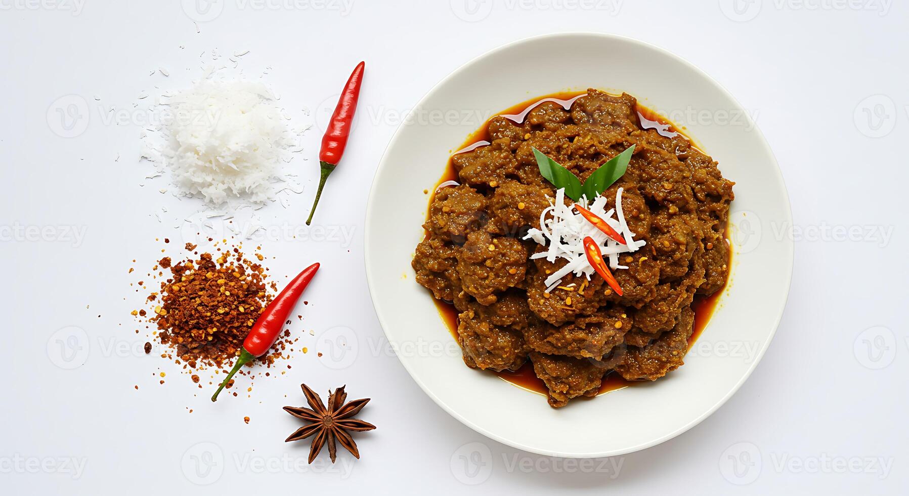 Delicious Indonesian Beef Dish with Spices Served on a White Plate photo
