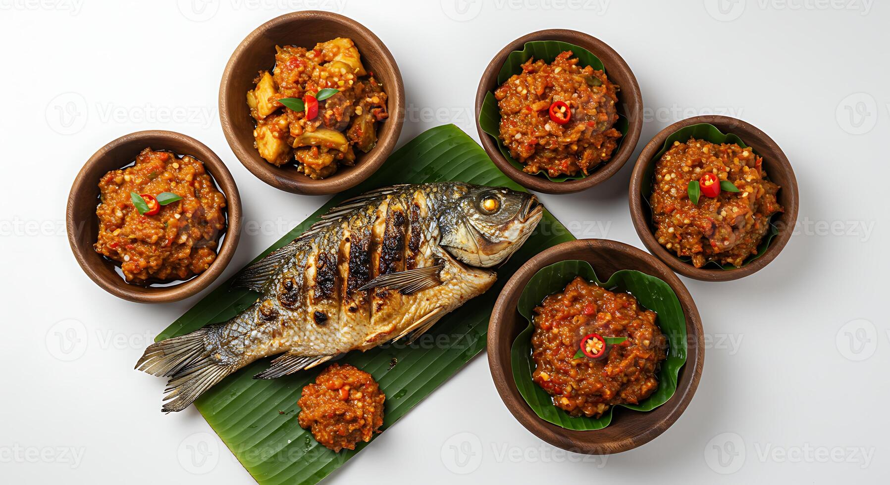 Grilled Fish with Spicy Sauce and Vegetables on White Background Top View photo