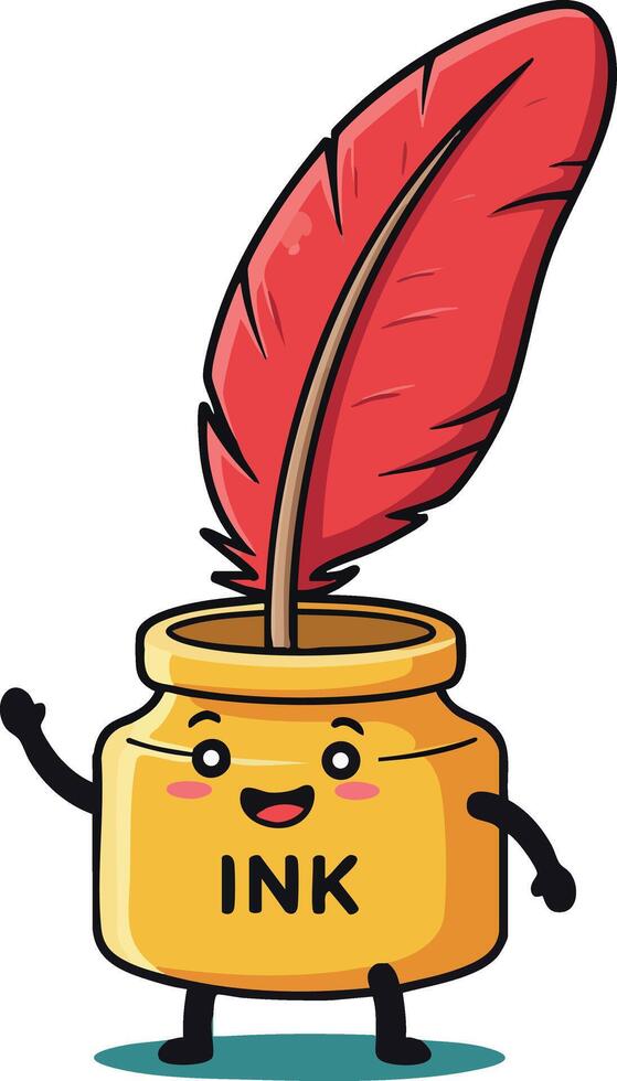 Cute ink jar with red feather quill pen cartoon character illustration vector