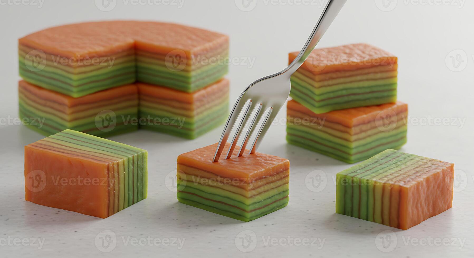 Layered Cake Slices Being Served by Fork on White Surface Closeup Shot photo