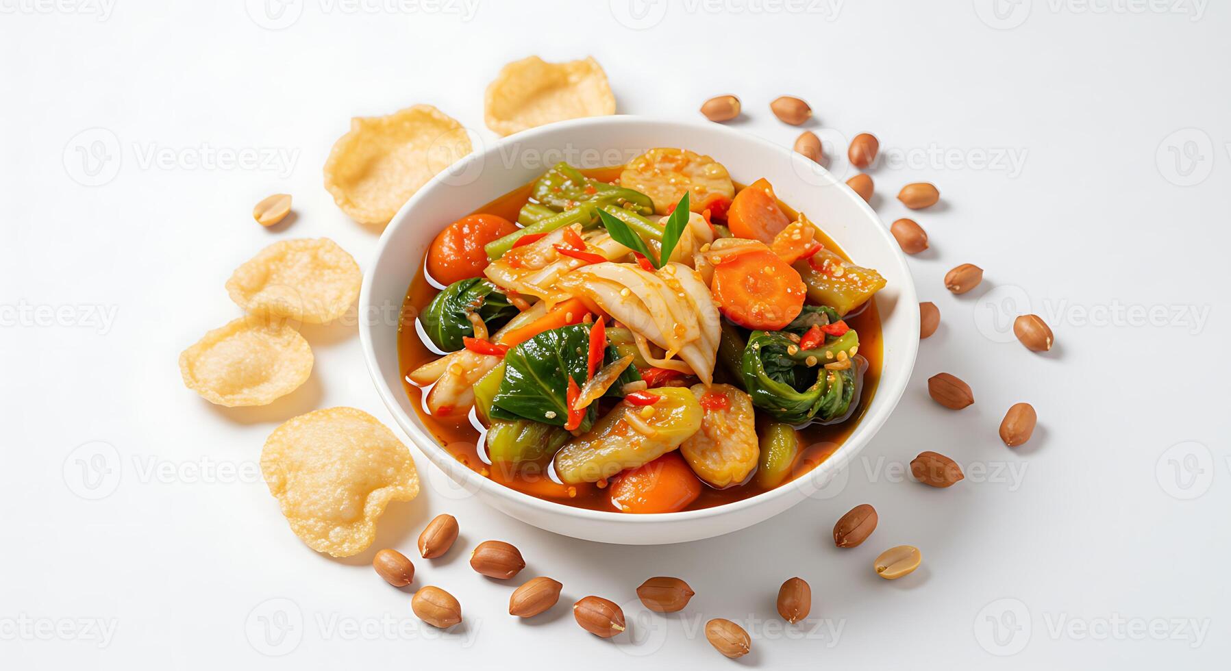 Delicious Vegetable Stew in a White Bowl with Peanuts and Crackers on White Background photo
