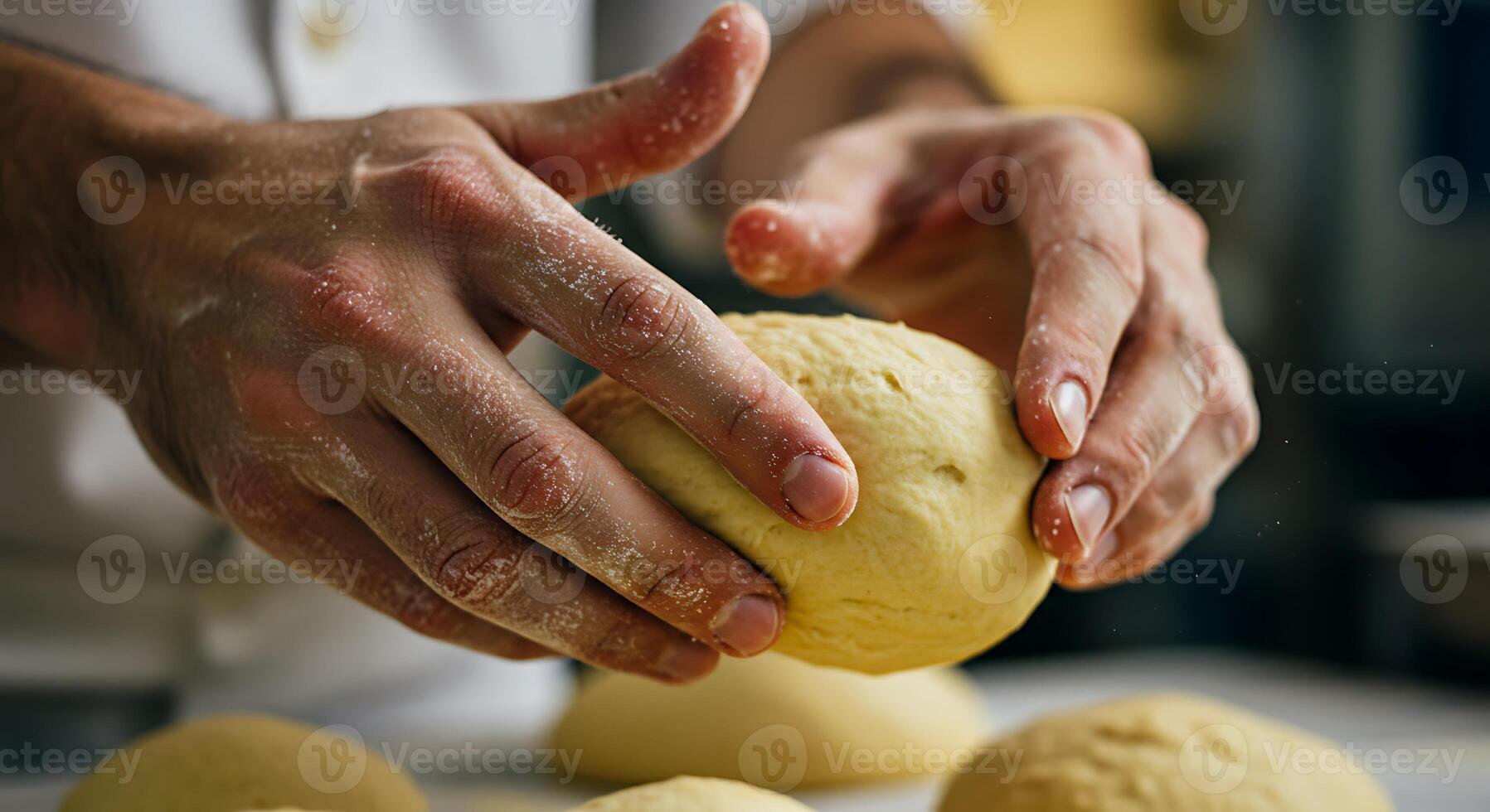 Hands Preparing Dough Ball for Baking Fresh Bread or Pastry photo