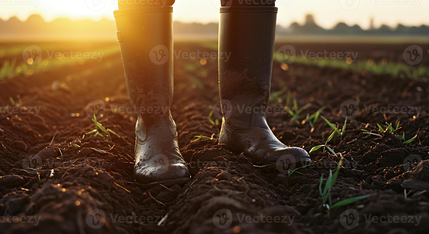Boots Standing in Field at Sunrise with Young Sprouts Growing photo