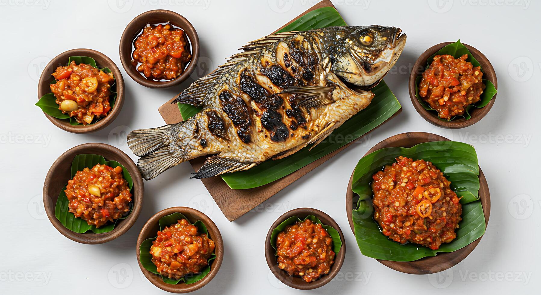 Grilled Fish with Chili Sauce and Side Dishes on Wooden Board Display photo