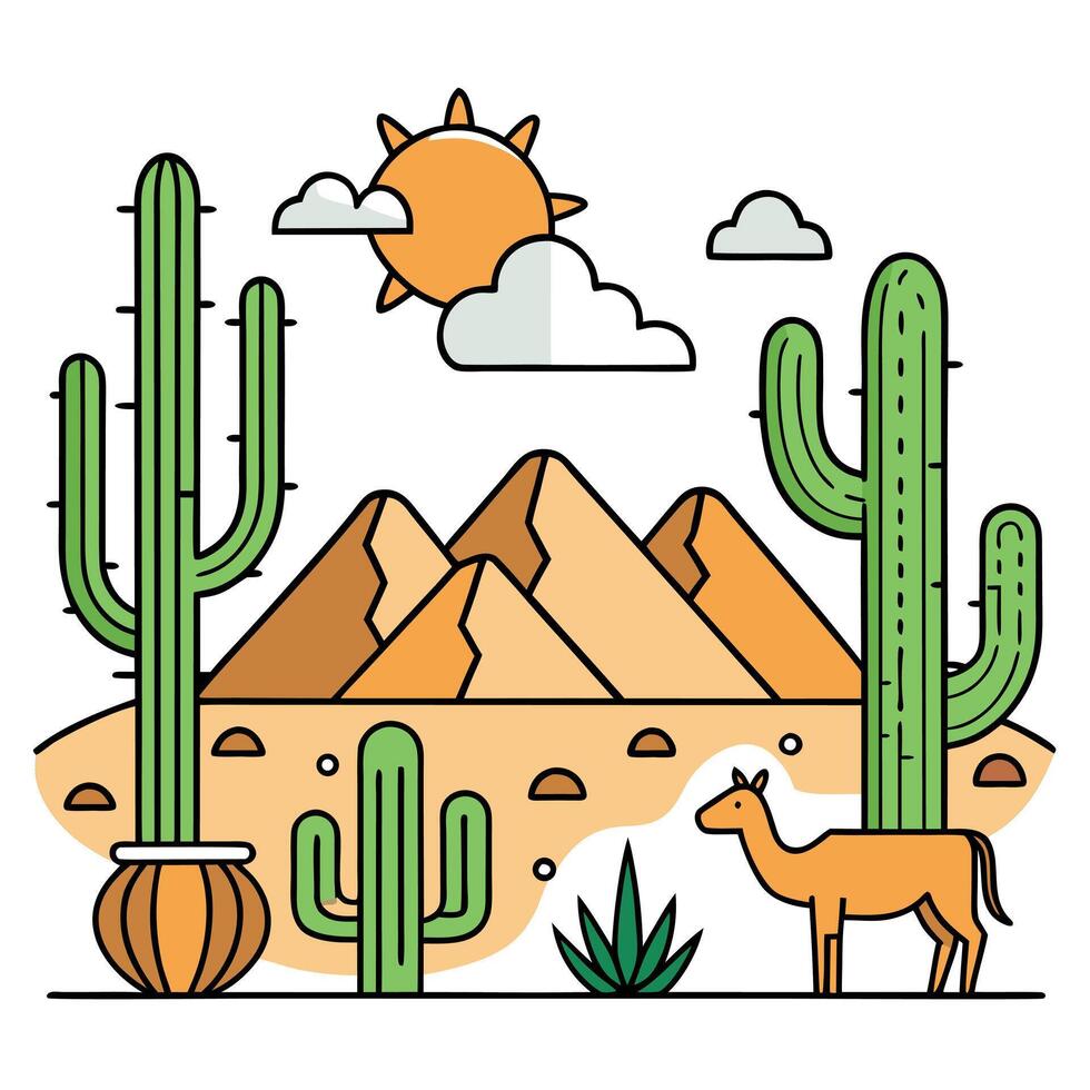 Sunny Desert Landscape with Cacti and Camel vector