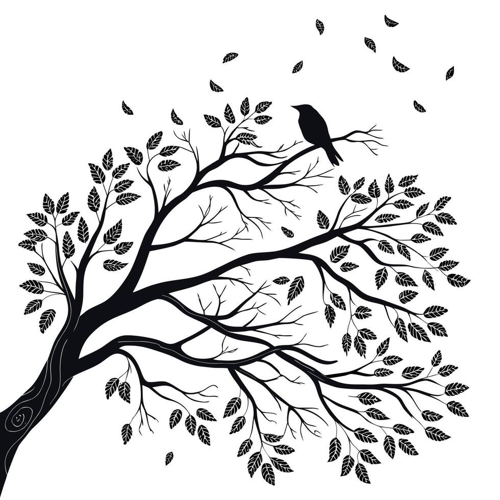 Silhouette Tree with Bird and Falling Leaves vector
