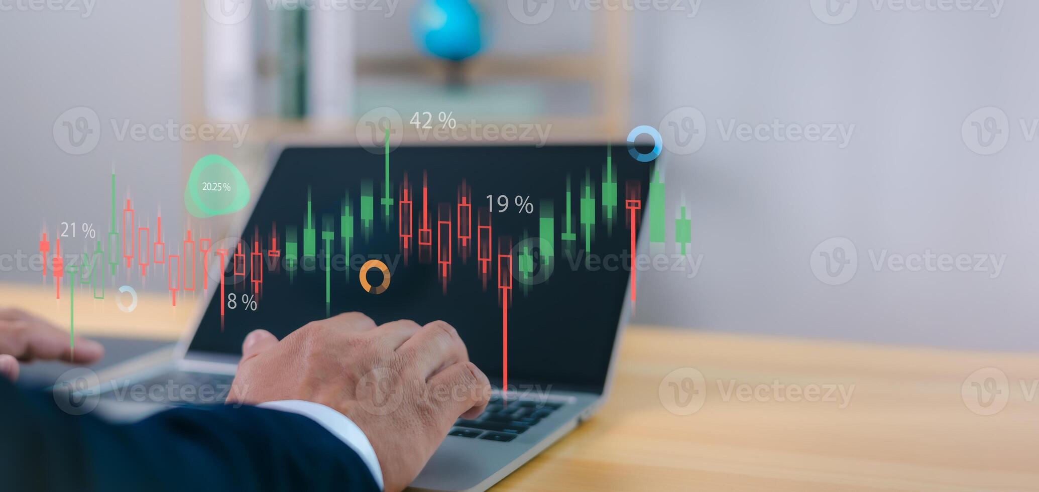 Investment, trading, business analytics, and global financial growth. Person analyzes financial data and stock market graphs on a laptop, with digital overlays showing percentages and charts. photo