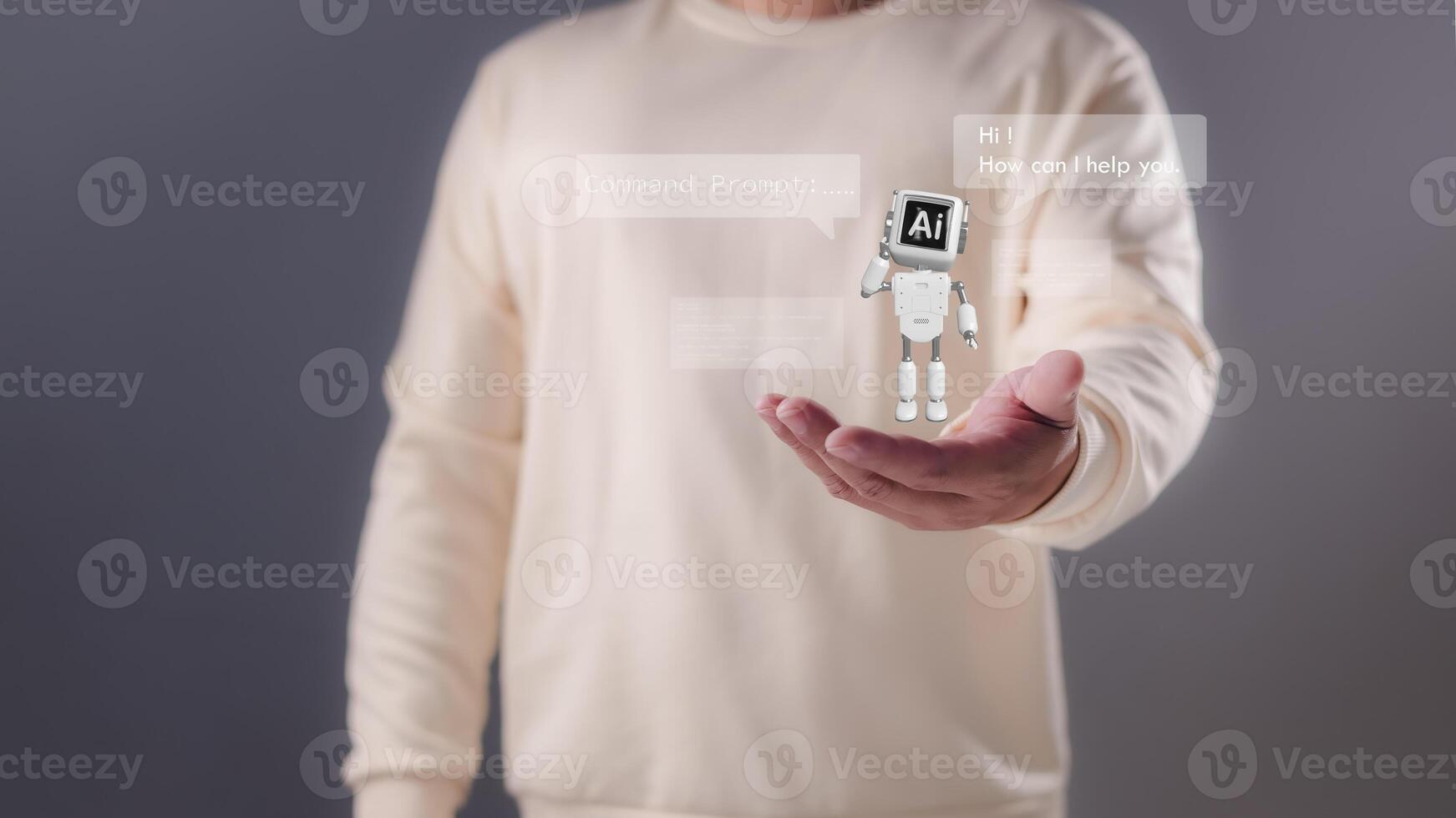 A person holding their hand out with a miniature white robot displaying AI and chat bubbles, Artificial intelligence, conversational AI, digital assistance, future technological interaction. photo