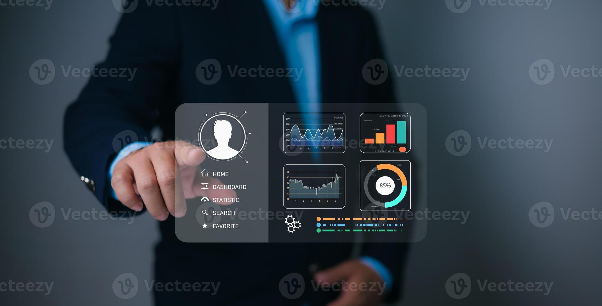 Businessman selecting candidate on a digital dashboard interface, analyzing talent profiles and data-driven HR insights for recruitment, teamwork, leadership, and workforce management. photo