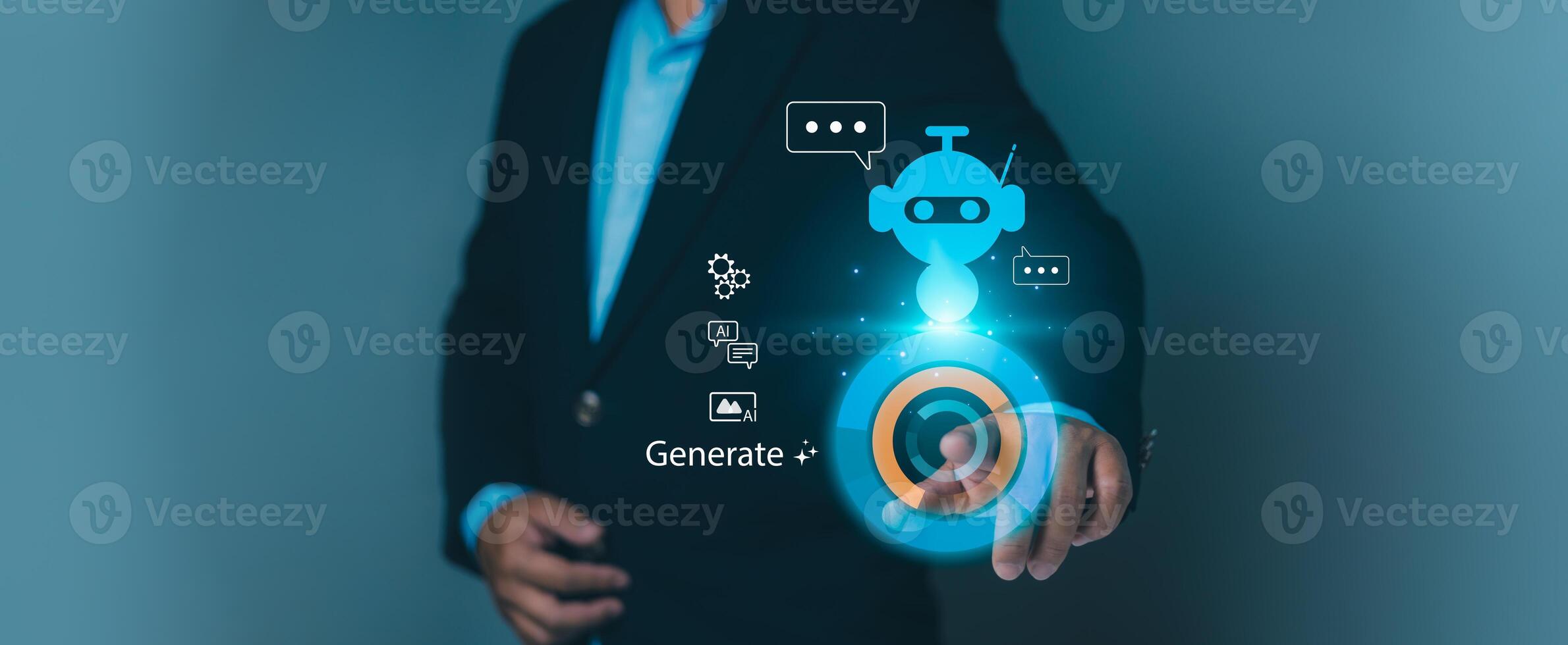 Artificial intelligence, machine learning, technological innovation. Concepts of digital transformation, automated solutions, future computing. Man interacts with glowing AI robot and Generate command photo