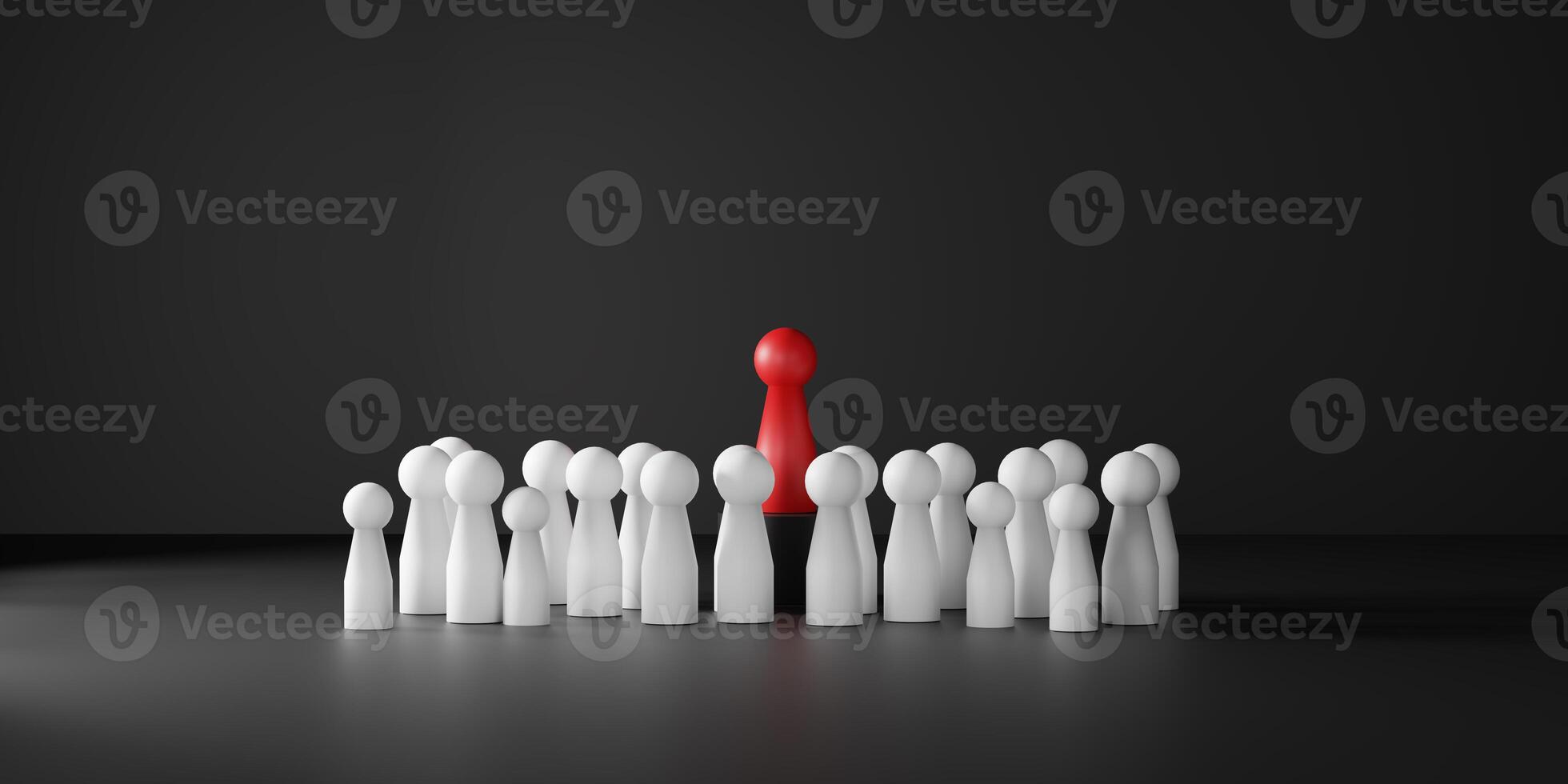 A single red chess pawn standing out amongst a large group of white chess pawns, symbolizing leadership, uniqueness, individuality, strategy, standing out from the crowd in business and competition. photo