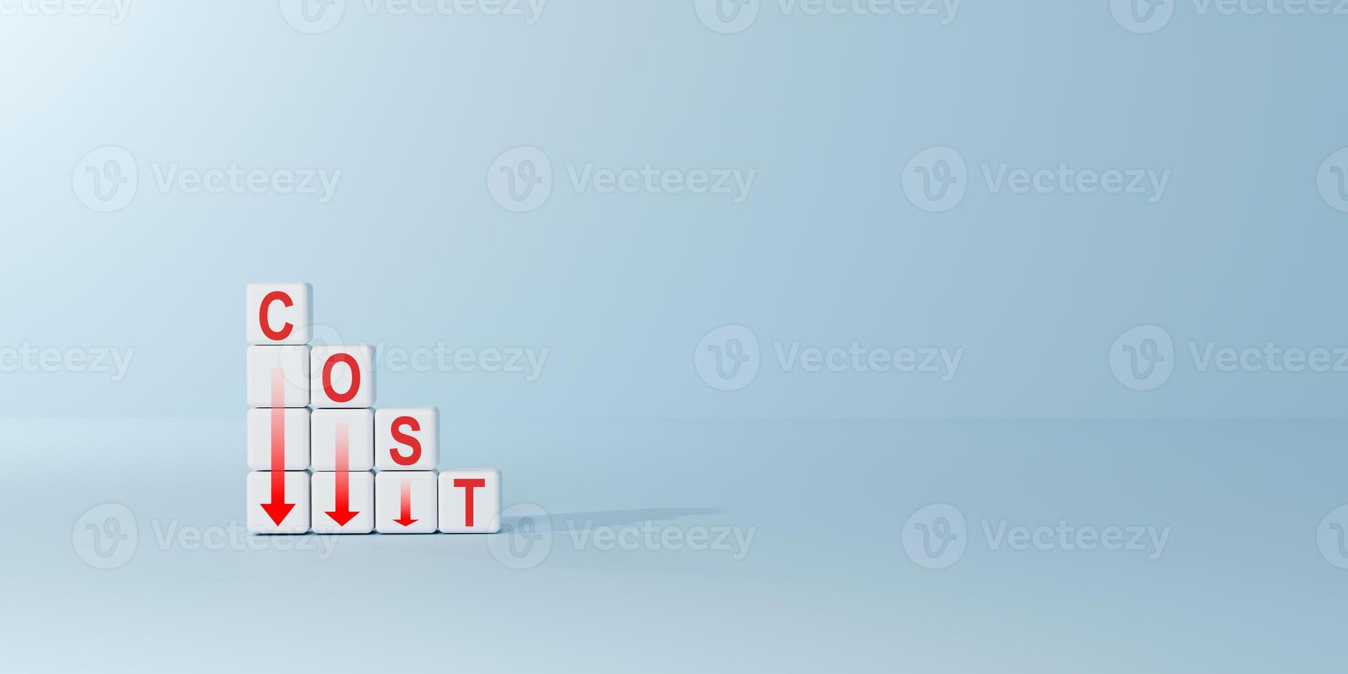 Minimalist white cubes spelling COST with downward red arrows. Symbolizes cost reduction, efficiency, financial savings, and optimized expenses. Budget management, financial planning, and operations. photo