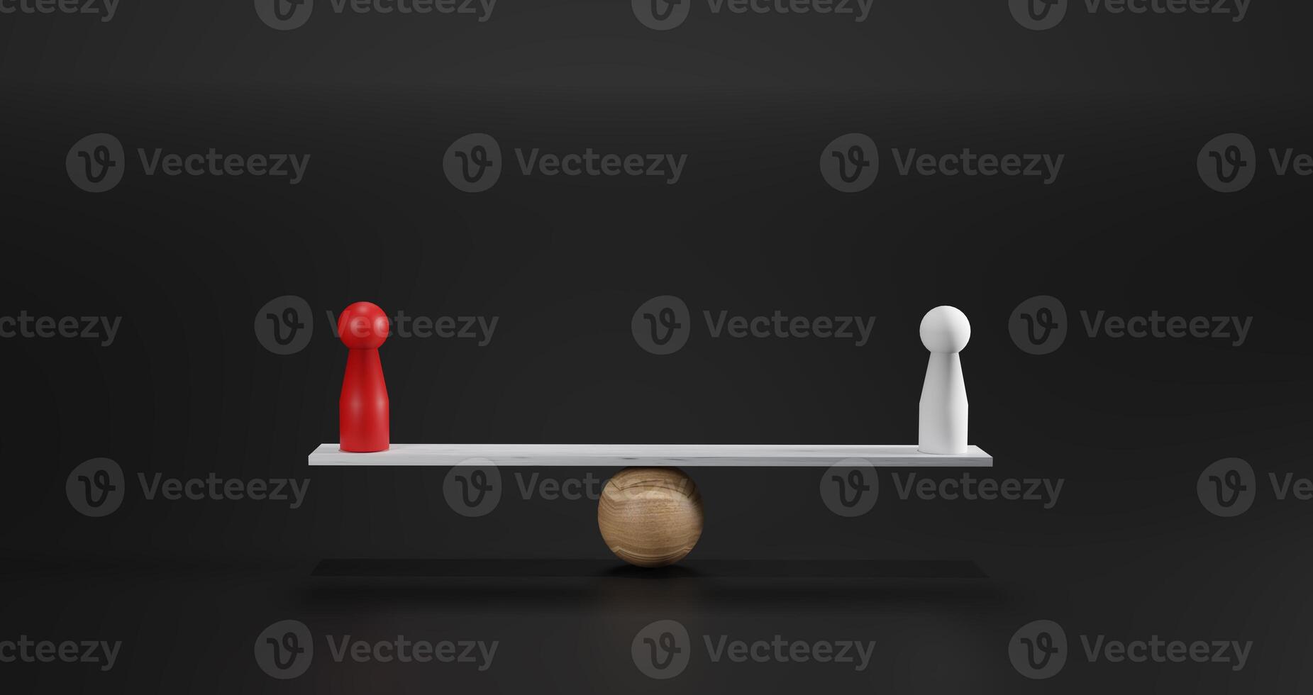 A red doll and a white doll balanced on a seesaw, symbolizing equality, fairness, competition, strategic balance, the dynamics of power and influence in business, leadership, personal growth concepts. photo