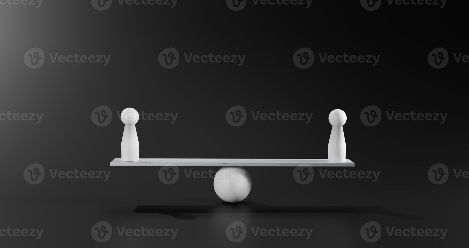 Equality, fairness, a harmonious equilibrium of power or influence in business, relationships, legal matters, personal growth, emphasizing strategic balance, Two white dolls balanced on a seesaw. photo