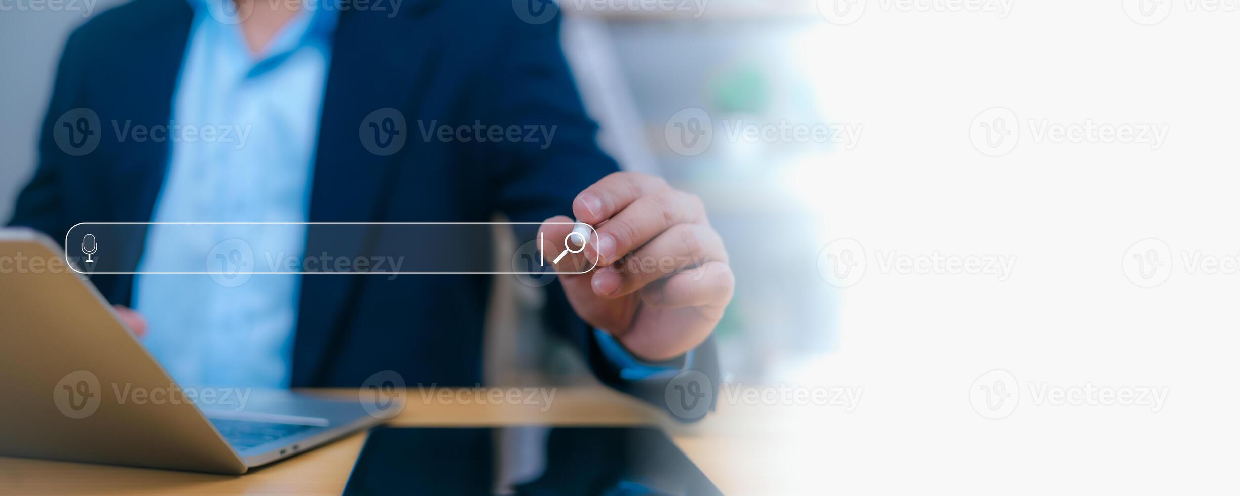 Person interacts with a futuristic search bar, symbolizing online search, digital marketing, and web browse. Concepts of information discovery, SEO, data retrieval, and internet connectivity. photo