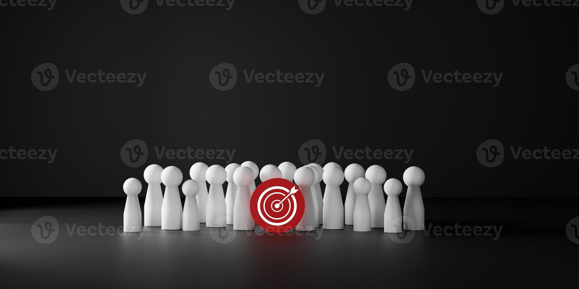 Mission concept of business and personnel in a company. White dolls team standing around red dart board and arrows for creating and target business objectives. Marketing solutions, vision for business photo