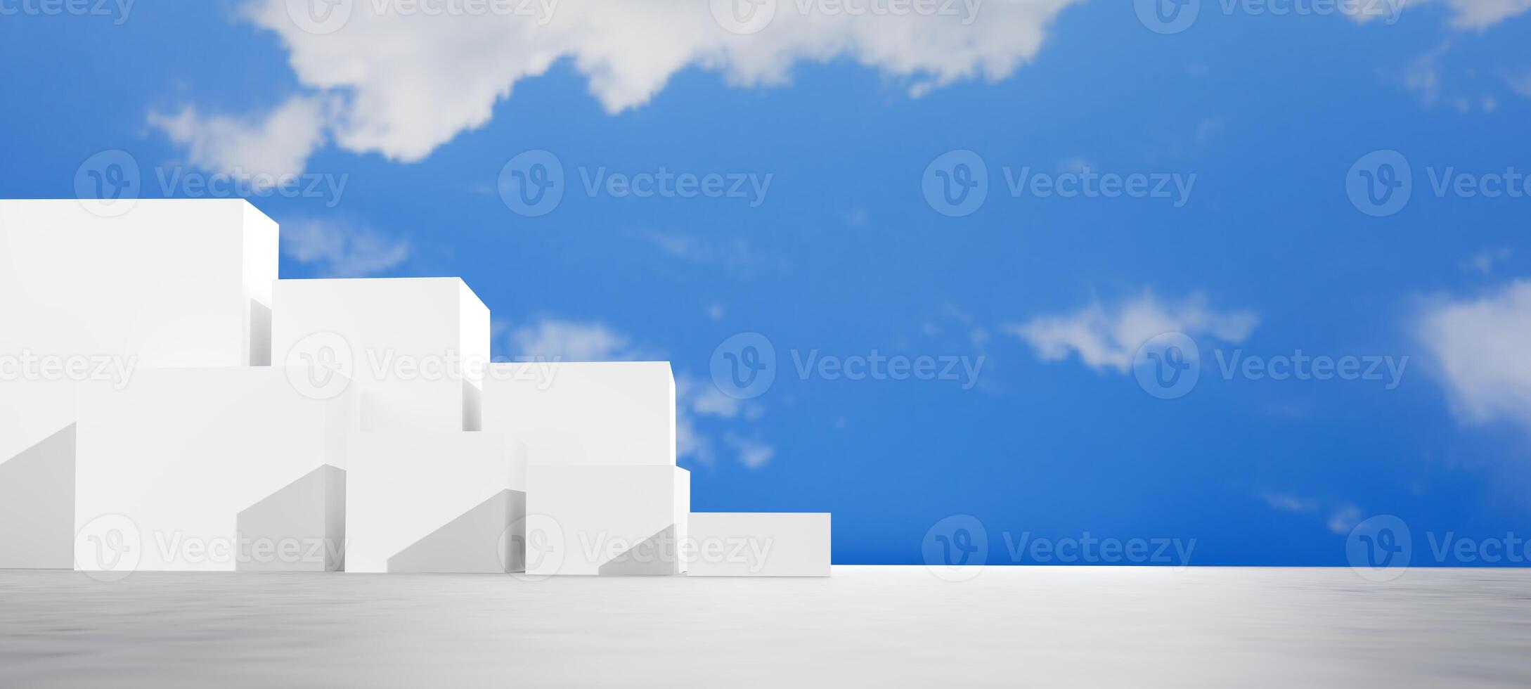 White podium geometric blocks arranged like steps on a concrete surface against a clear blue sky with clouds. Symbolizing progress, growth, career advancement, The path to achieving goals and success. photo