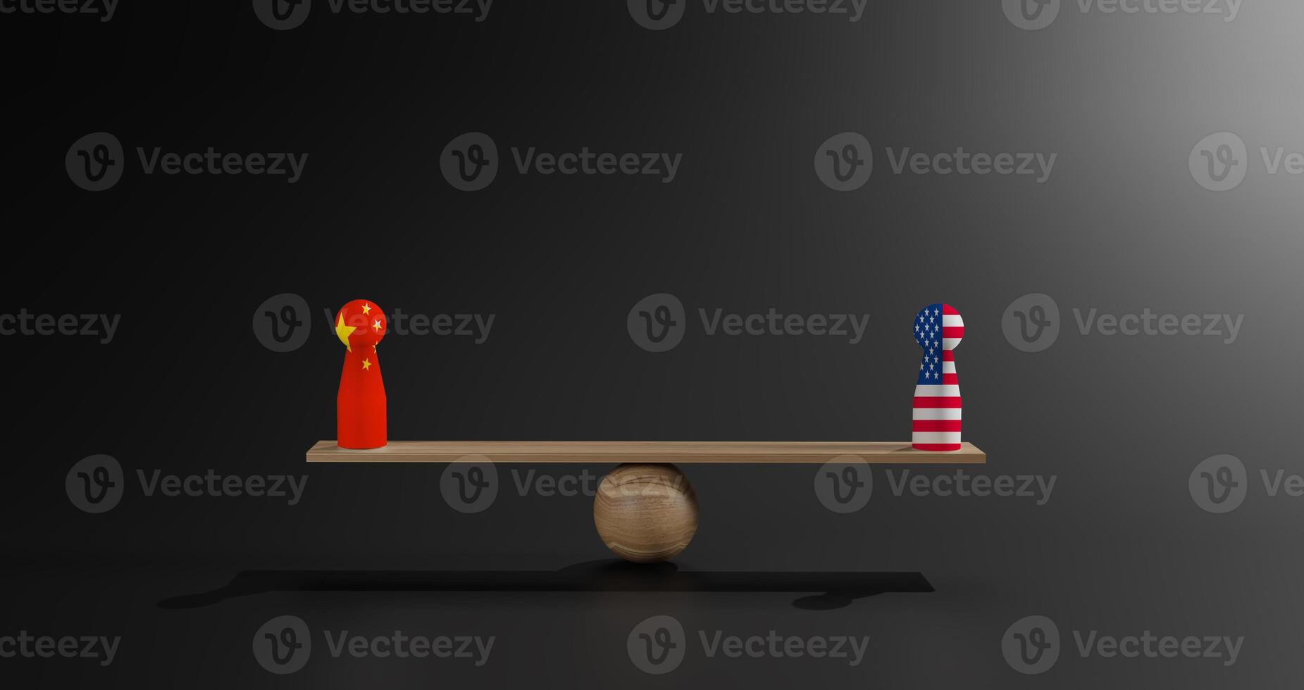 A doll with the Chinese flag and a doll with the American flag balanced on a seesaw, symbolizing geopolitical balance, trade relations, international diplomacy, and global competition. photo