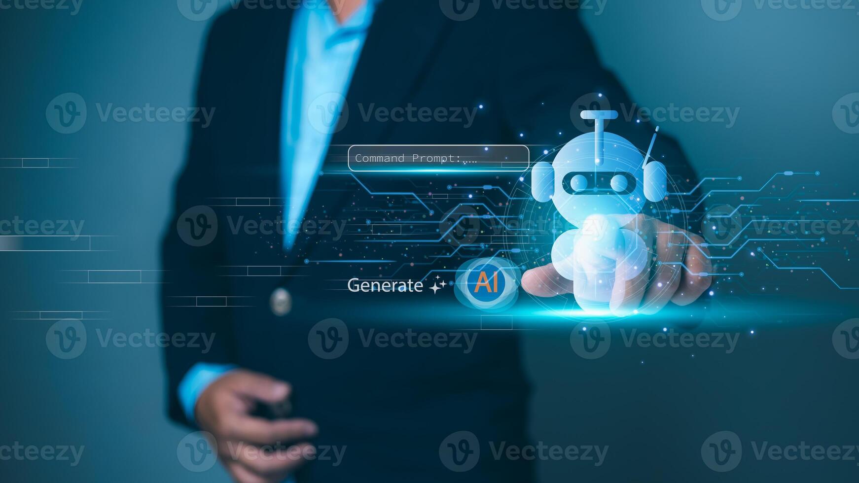 Person interacting with a glowing robot, AI integration, automation, future technology, artificial intelligence development. Machine learning, digital transformation, smart business solutions. photo