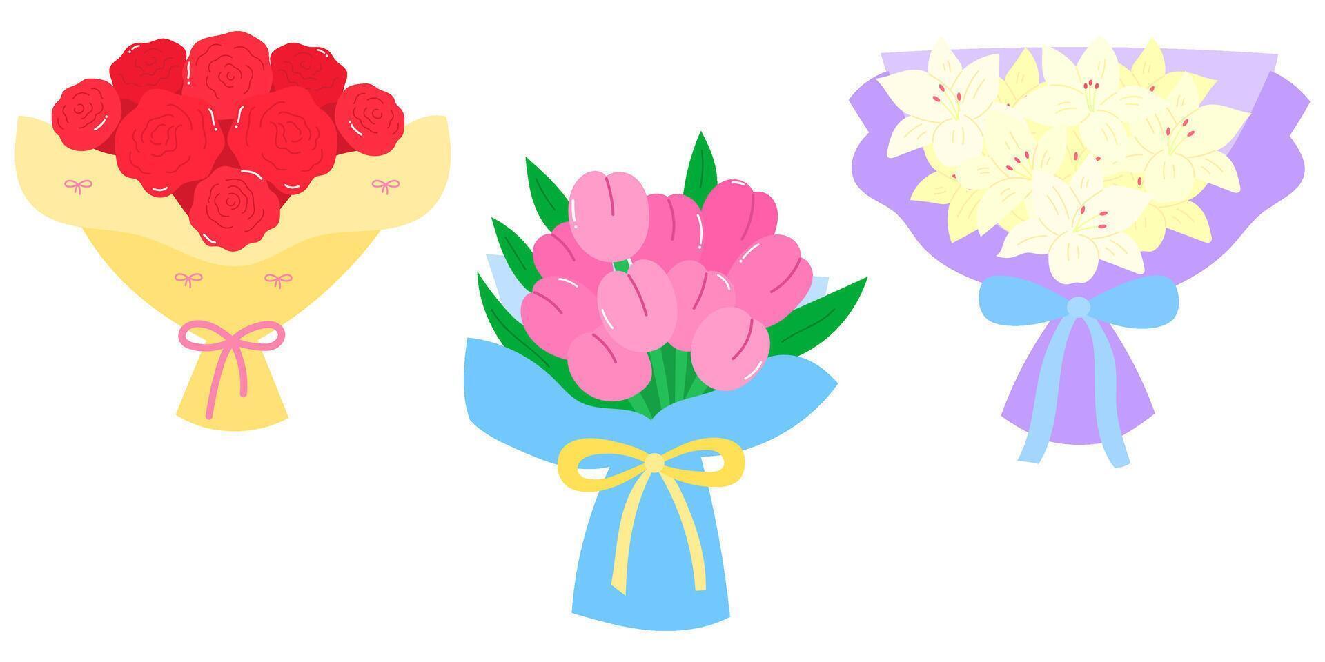 collection of floral bouquets featuring rose, lily and tulip vector