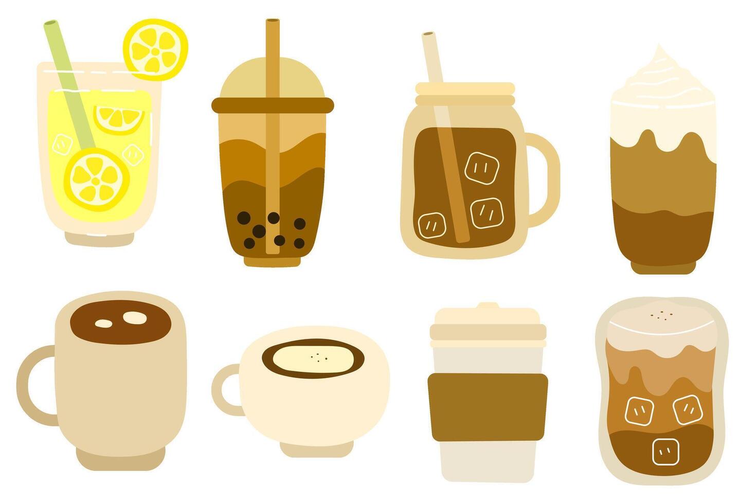 collection of beverages with lemonade, bubble tea, hot latte and americano vector